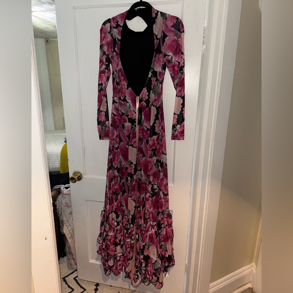 Lulus Emilina Black And Magenta Floral Mock Neck Maxi Dress - Size L - Picture 4 of 5